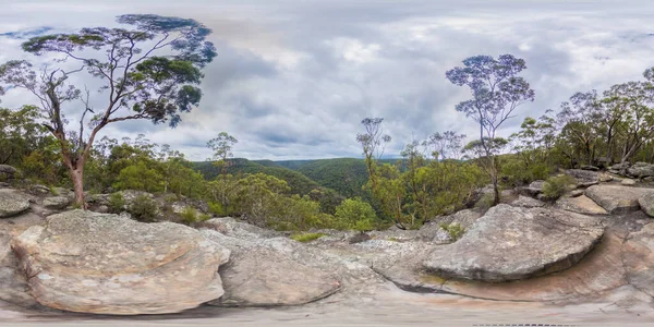オーストラリアのニューサウスウェールズ州の地域の青の山の春の森のマーティンスルックアウトからの球状の360度パノラマ写真 — ストック写真