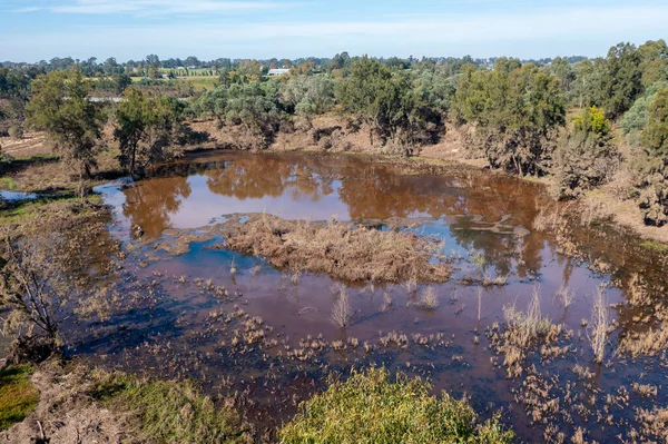 Drone Fotografia Aerea Piccolo Serbatoio Troppopieno Inquinato Dopo Gravi Inondazioni — Foto Stock