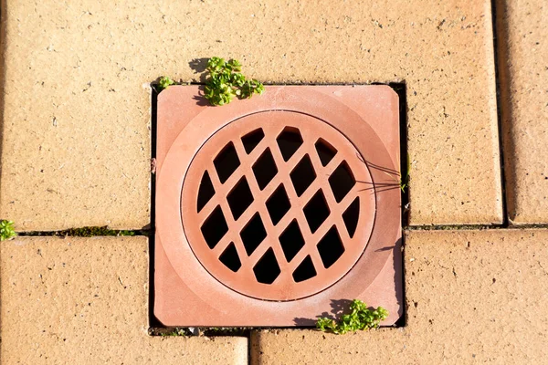 Stormwater Drain Cover Inserted Brown Paving Stones Swimming Pool — 스톡 사진