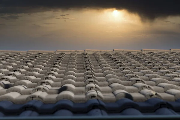 Grey Terracotta Roof Tiles Line Roof Front Sunset Sky Background — 스톡 사진