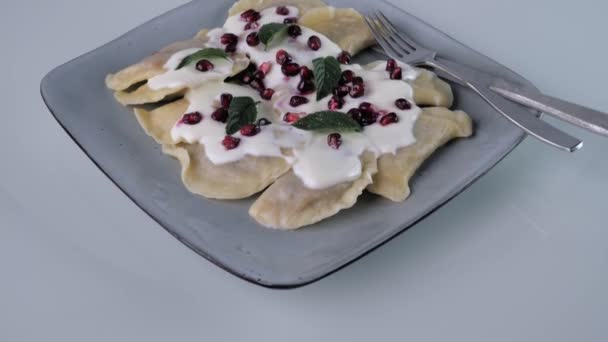 Fresh Dumplings Fruit Served Plate Decorated Nuts Pomegranate Seeds Cream — Stock Video