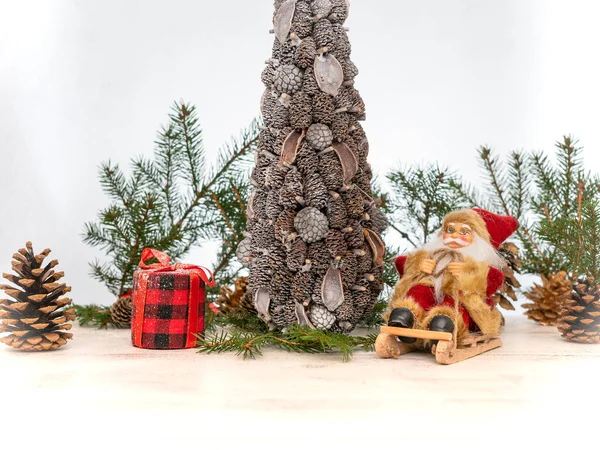 Santa Claus Sleigh Sitting Next Wrapped Red Gift Christmas Tree Stock Photo