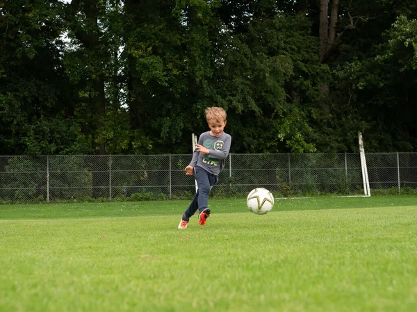 Caen France July 2021 Child Playing Soccer Field Green Grass — Stock Fotó