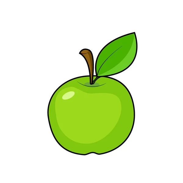 Grüner Frischer Apfel Mit Stiel Und Grünem Blatt — Stockvektor