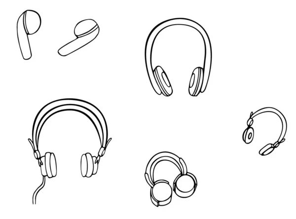 Verschiedene Kopfhörer Setzen Handgezeichnete Illustration — Stockvektor