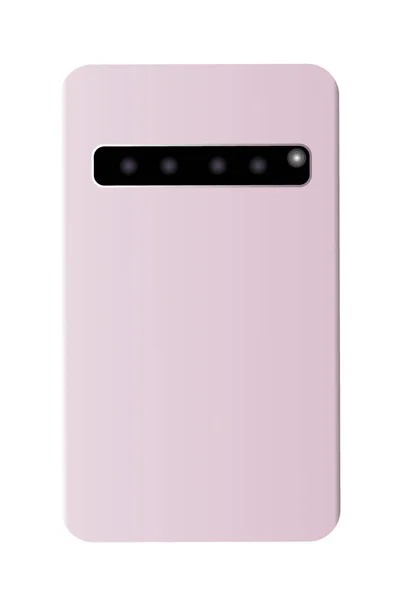 Beyaz arka planda dört kameralı pembe akıllı telefon ve flaş izole.