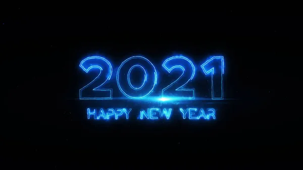 Happy New Year 2021 Blue Energy Neon Particles Black Background — Stock Photo, Image