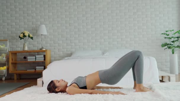 Athletic Healthy Asian Woman Sportswear Workout Stretching Excercise Home Bedroom — Stock Video