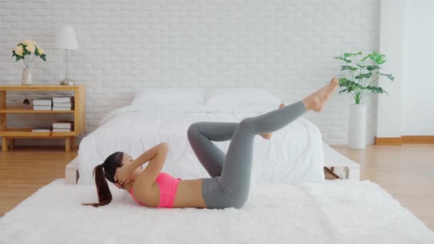 Athletic Healthy Asian Woman Sportswear Workout Excercise Home Bedroom Young — Stock Video