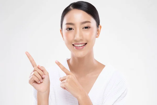 Schöne Attraktive Junge Asiatische Frauen Lächeln Und Zeigen Auf Den — Stockfoto