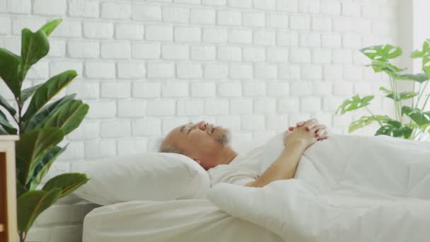 Asian Elderly Man Close Eyes Smile Sleep Sweet Dream Bed — Stock Video