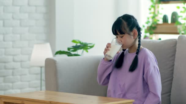 Slow Motion Happy Asian Kid Drinking Fresh Milk Good Health — Stock Video