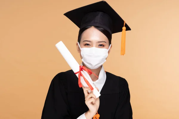 Attractive Asian Woman Graduated Cap Gown Wear Medical Mask Smile — Stock Photo, Image