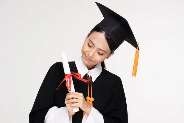 Beautiful Attractive Asian Woman Graduate Cap Gown Smile Certificated Her — Stok Foto
