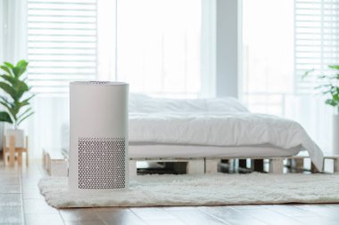 Süzgeç ve temizlik için rahat beyaz yatak odasındaki hava temizleyici PM2.5 HEPA temiz hava ve sağlıklı yaşam için, Hava Kirliliği Konsepti