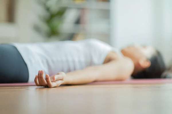 Close Hand Asian Woman Practice Yoga Dead Body Savasana Pose Stock Photo