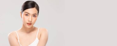 Banner of Beautiful Asian woman smile with clean and fresh skin Happiness and cheerful with positive emotional,wellness beauty woman isolated on white background,Beauty and Cosmetics Concept