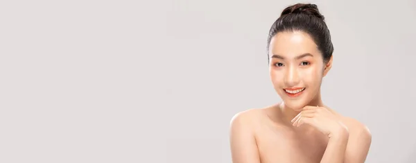 Banner Beautiful Asian Woman Touching Chin Smile Clean Fresh Skin — 图库照片