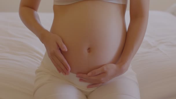 幸せな妊娠中の女性はベッドに座って家で彼女の大きな腹を撫でて 将来の生活で楽しむ若い女性の妊娠は自宅でリラックス 母親と妊娠の概念 — ストック動画