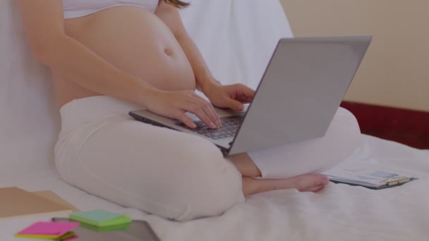 Slow Motion Pregnant Business Woman Sitting Working Laptop Sale Report — Stock Video