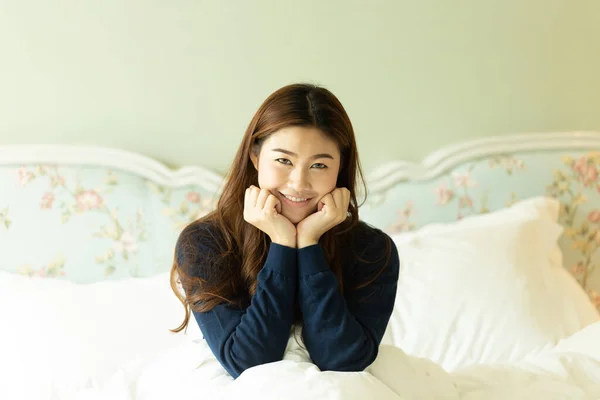 Beautiful Attractive Asian Woman Wearing Blue Sweater Sitting Bed Smile — Stock Photo, Image