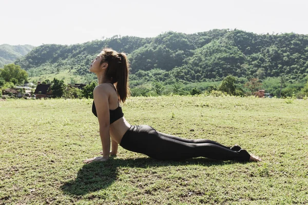 Beautiful Attractive Asian Woman Sitting Practice Cobra Pose Yoga Meditation — Stock Photo, Image