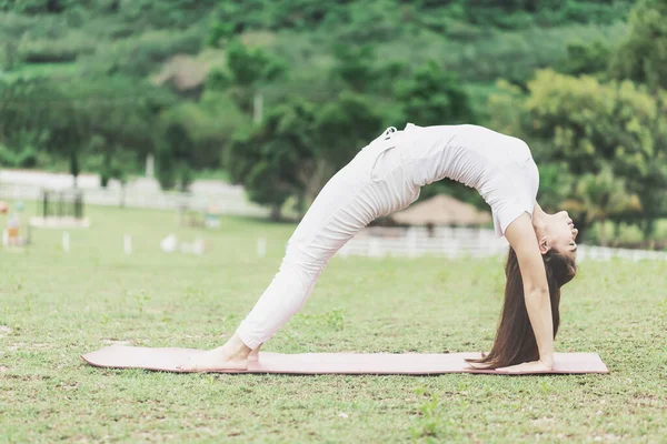 Beautiful Attractive Asian Woman Sitting Yoga Mat Practice Bridge Pose — Stock Photo, Image