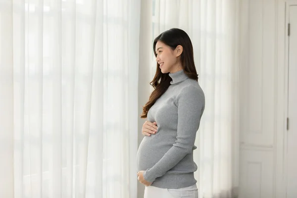 Happy Pregnant Woman Turtleneck Tröja Står Framför Fönster Och Smeker — Stockfoto