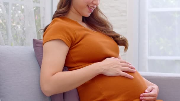 Happy Pregnant Woman Dragen Bruine Jurk Zittend Bank Houden Strelen — Stockvideo