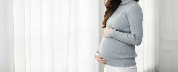 Bandiera Donna Incinta Dolcevita Felpa Piedi Davanti Alle Finestre Accarezzando — Foto Stock