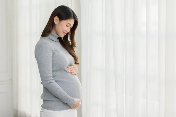 Gelukkig Zwangere Vrouw Coltrui Staan Voorkant Van Ramen Strelen Grote — Stockfoto