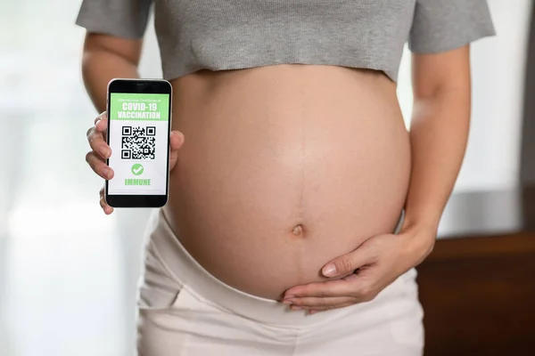 妊娠中の女性は携帯電話でCovid 19予防接種パスポートを保持し 表示します 安全妊娠中のオープンQrコード予防接種パスポート抗ウイルスワクチンを受け取った後 — ストック写真