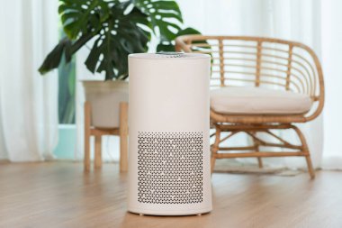 Evdeki tozu, PM2.5 HEPA 'yı ve virüsü, temiz hava ve sağlıklı yaşam için, hava kirliliği kavramını temizlemek ve filtrelemek için rahat beyaz oturma odasında hava temizleyicisi.