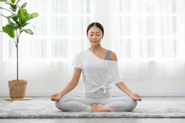 Calm Wellness Asian Young Woman Sit Carpet Breathing Yoga Lotus — Stock Photo, Image