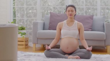 Mutlu sakin hamile kadın temiz hava ile derin nefes yoga nilüferleri evde rahat poz verir, genç kadının hamileliği yoga ile rahatlar sağlıklı yaşam için meditasyon, Yoga Annelik ve Hamile Konsepti