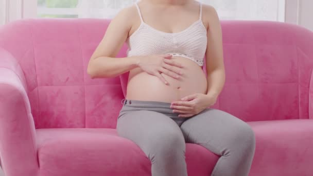 Mujer Embarazada Feliz Sentada Sofá Sosteniendo Acariciando Gran Vientre Casa — Vídeo de stock