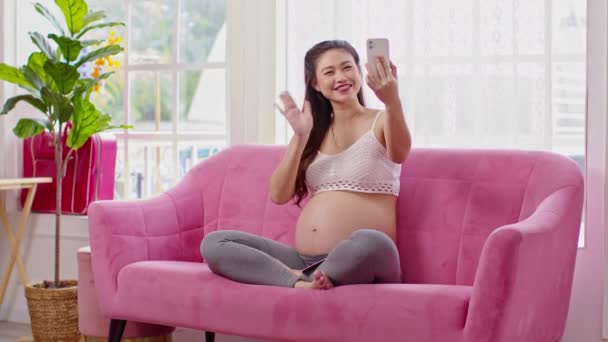 Happy Pregnant Vrouw Zitten Roze Bank Video Call Conferentie Mobiele — Stockvideo