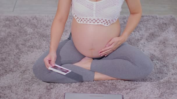Üst Görünüm Hamile Kadın Halı Üzerinde Bilgisayar Laptopu Kullanıyor Rahat — Stok video