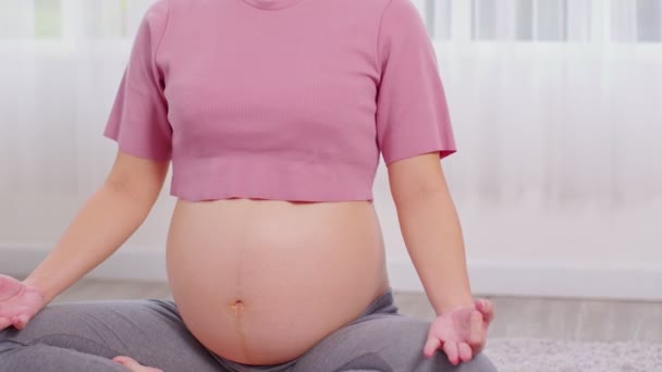 Acercamiento Mujer Embarazada Respiración Profunda Con Aire Fresco Hacer Yoga — Vídeo de stock