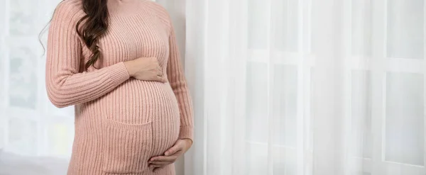 Vaandel Van Gelukkige Zwangere Vrouw Staande Voor Ramen Streelde Grote — Stockfoto