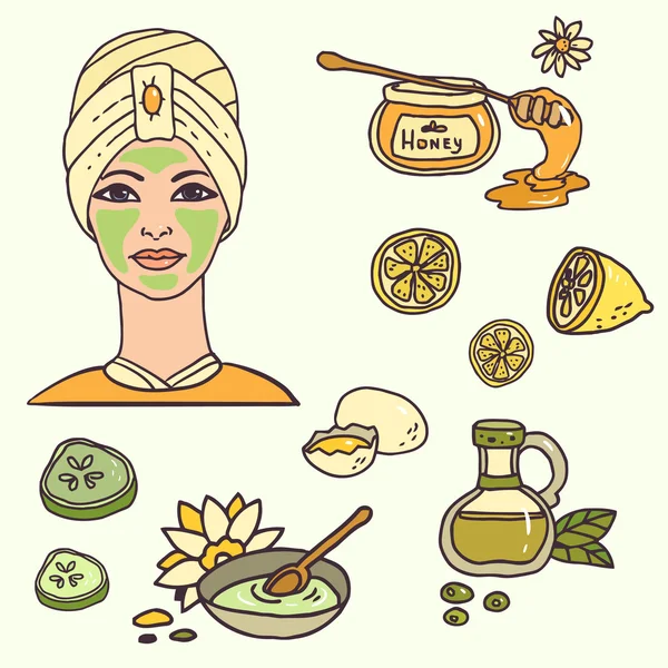 Ingrédients naturels pour masques faciaux de miel, citron, beurre et concombre — Image vectorielle