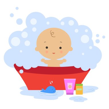 Illustration of baby in a bath with bubbles. clipart