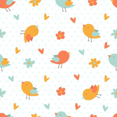 Sorunsuz model sevimli çizgi kuş, çiçek ve kalpleri. Bebek modeli