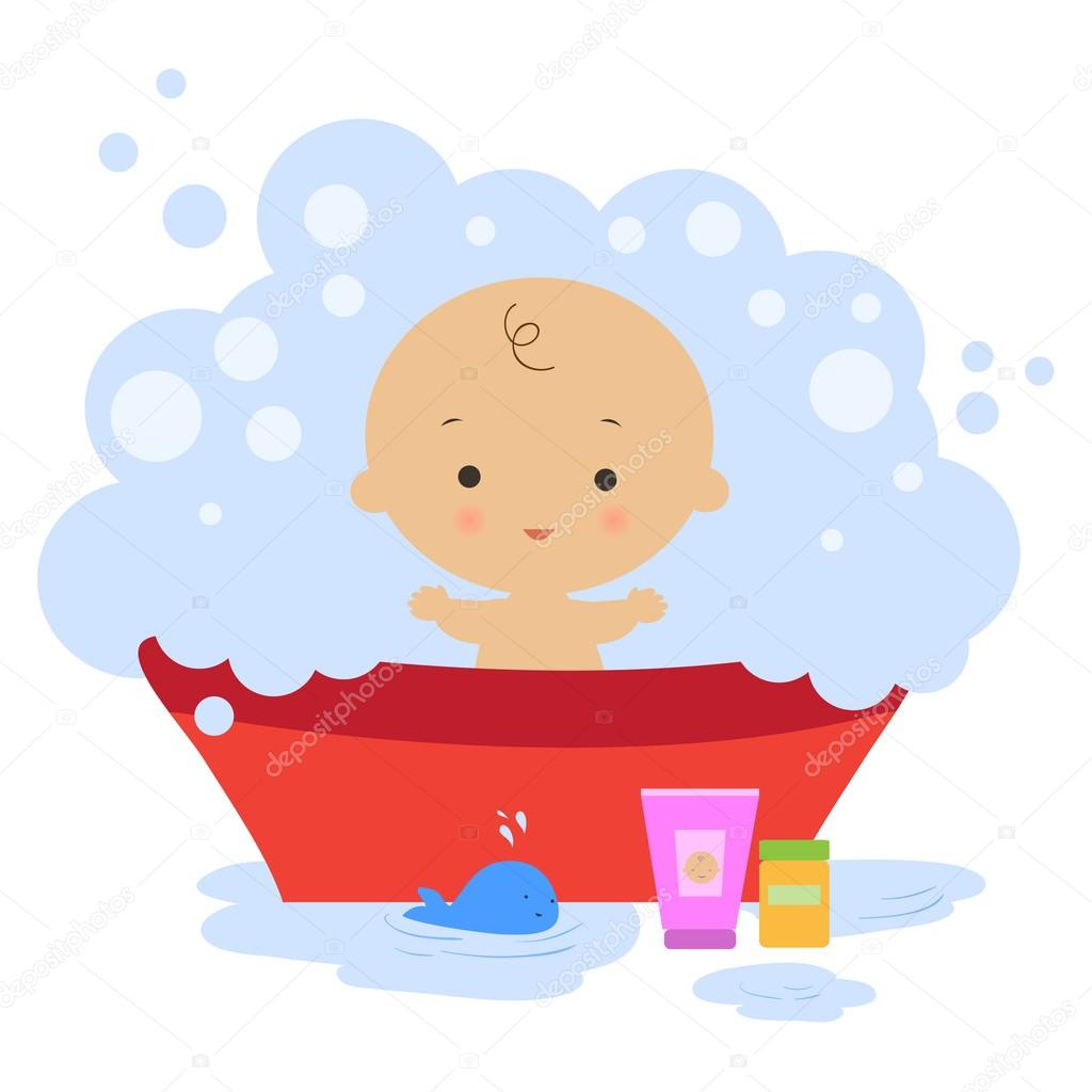 Illustration of baby in a bath with bubbles.
