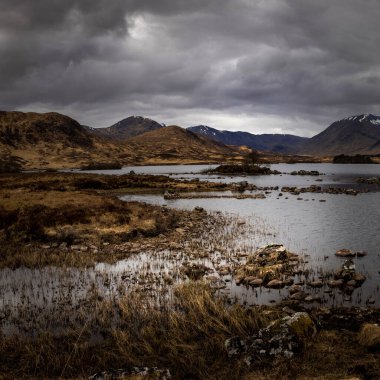 Rannoch Moor manzarası, İskoçya Dağları, İngiltere.