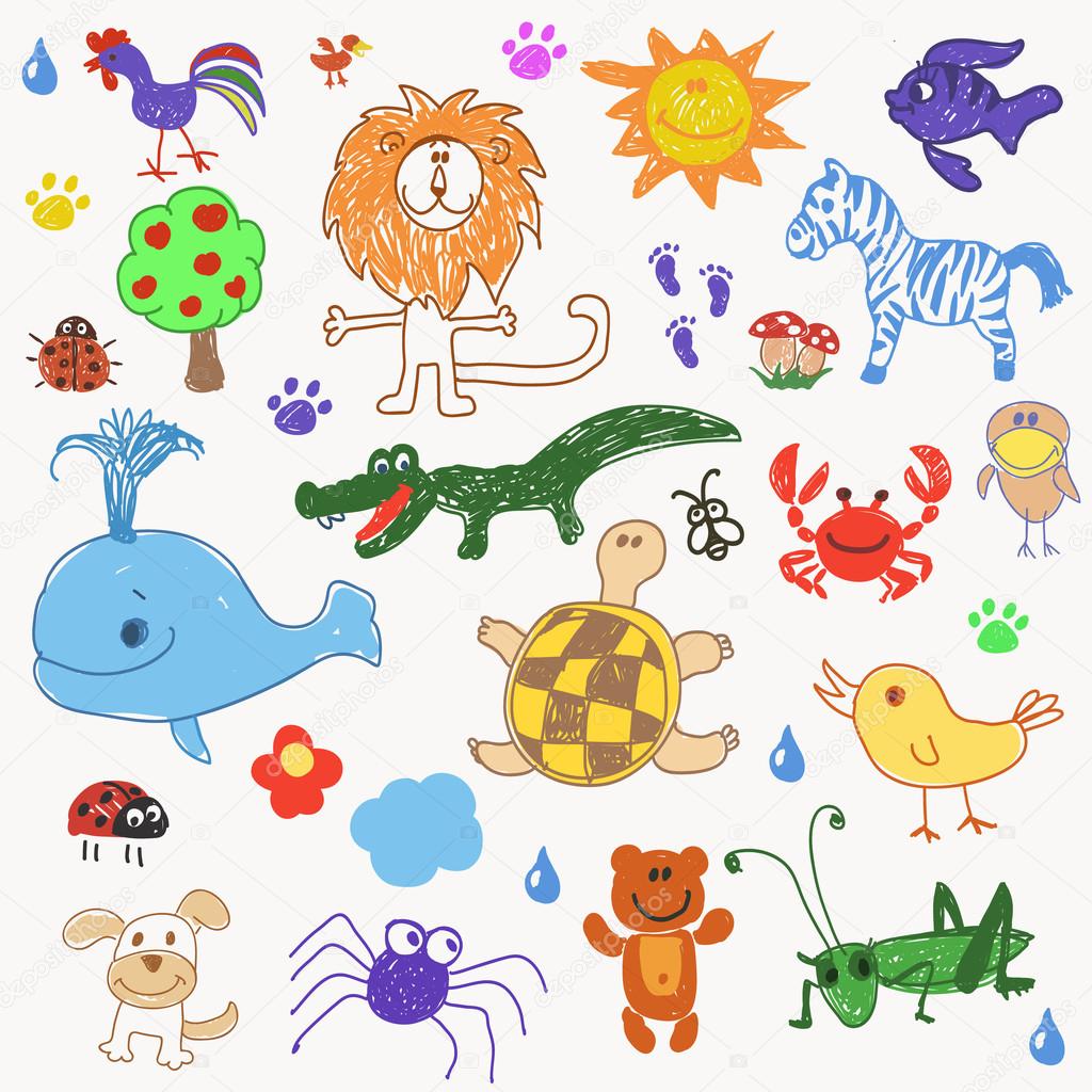 Disegno per bambini doodle granchio orso cavalletta coccodrillo pesce animali alberi illustrazione — Foto di Lightkite
