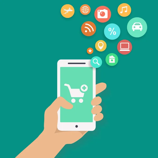 Smartphone apps shopping infographics with  hand holding a phone Stock Illustration