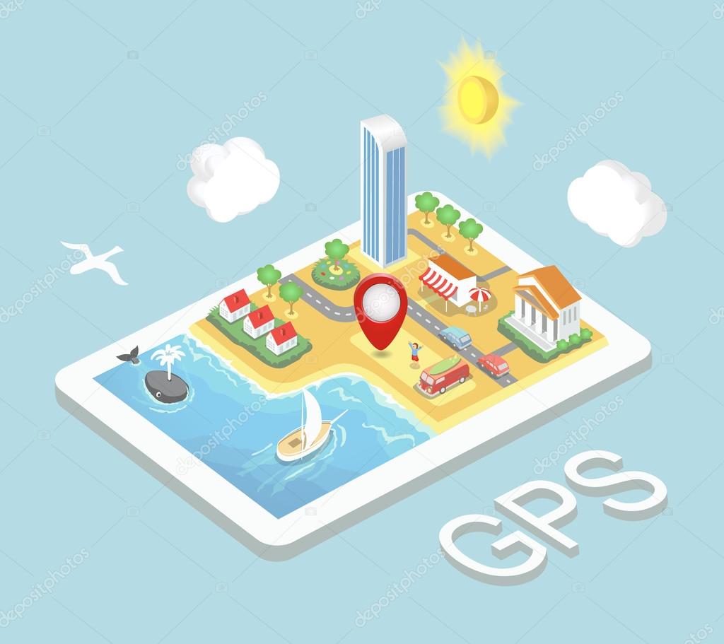 Flat map mobile GPS navigation, Infographic isometric concept. GPS