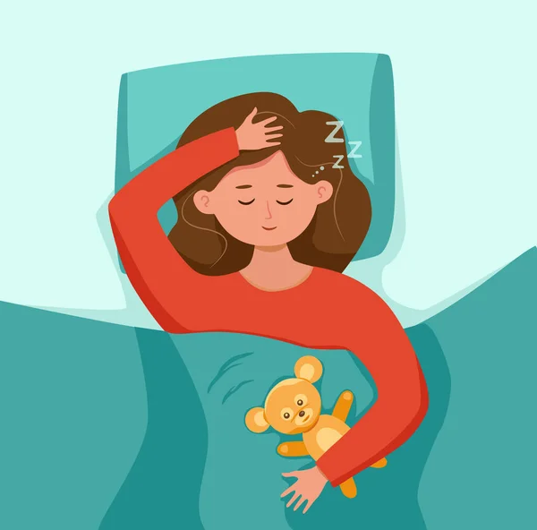 Il bambino dorme a letto di notte illustrazione vettoriale. Gir bambino in pigiama avere un dolce sogno in camera da letto. — Vettoriale Stock