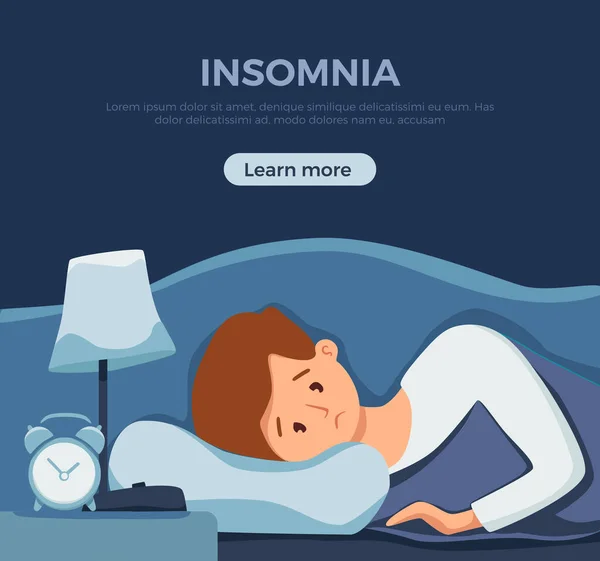 Ο κοιμισμένος άντρας στο κρεβάτι υποφέρει από αϋπνία. Εικονογράφηση διάνυσμα του κουρασμένος εξαντλημένος λυπημένος τύπος αϋπνία — Διανυσματικό Αρχείο